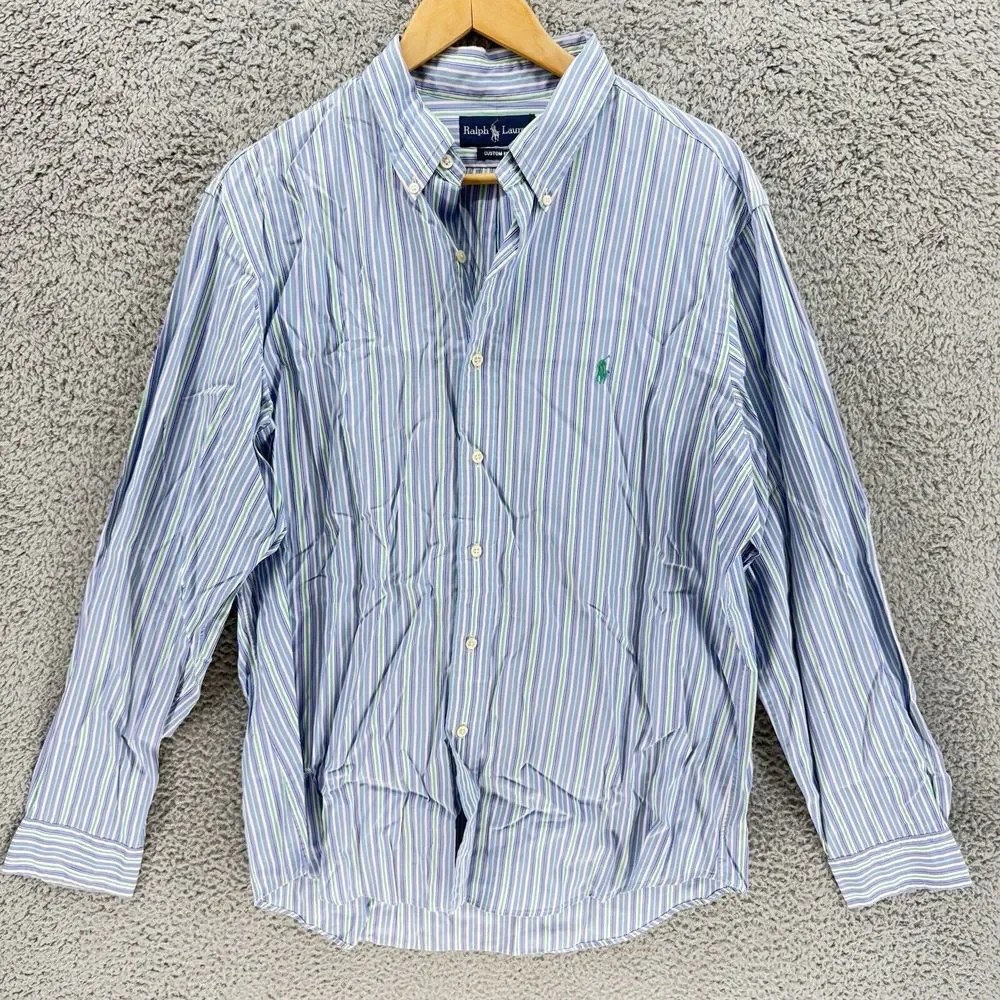 Ralph Lauren Custom Fit Long Sleeve Button Shirt Men's 17 XL Blue Green Striped
